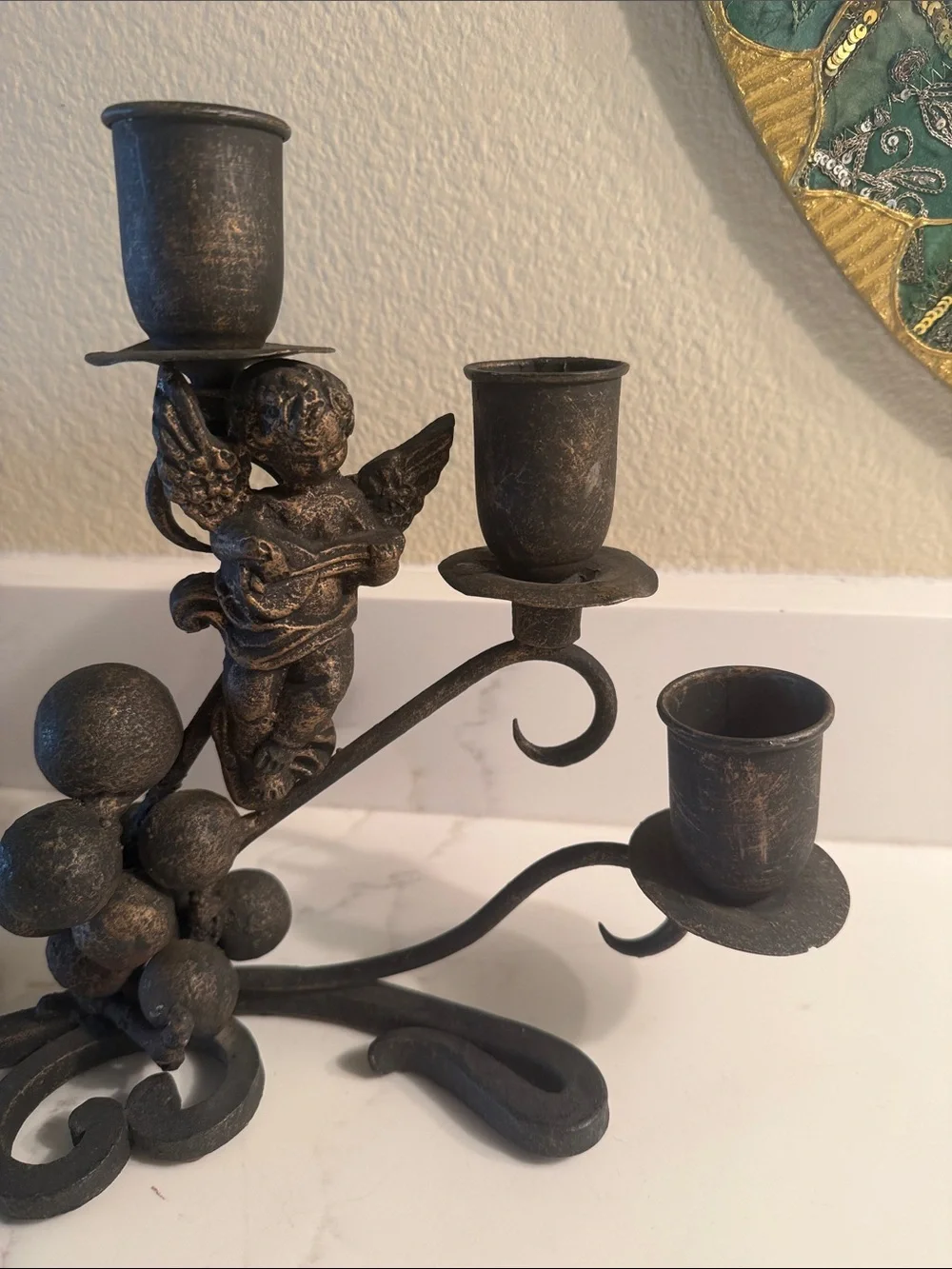 Vintage Wrought Iron Cherub Grapes Metal 3-Arm Candelabra
